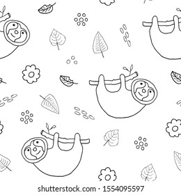 Cute Sloth Seamless Pattern, Cartoon Hand Drawn Animal Doodles Vector Illustration Background .