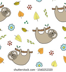 Cute Sloth Seamless Pattern, Cartoon Hand Drawn Animal Doodles Vector Illustration Background .