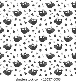 Cute Sloth Seamless Pattern, Cartoon Hand Drawn Animal Doodles Vector Illustration Background .