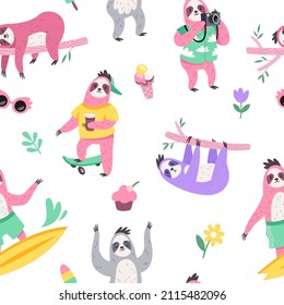 Cute sloth seamless pattern. Cartoon animals characters, different activities, poses and sweets, lazy slow creatures isolated on white background. Decor textile, wallpaper, vector print