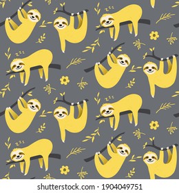 Cute sloth seamless pattern design in yellow and gray. Hand drawn sloth character hanging on the tree. Animal illustration for nursery design, birthday, baby shower design and party decor, print