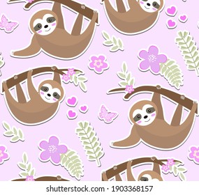 Cute sloth seamless pattern. Endless texture with trees, plants, flowers. Kids baby clip art funny smiling forest animal background. Vector illustration