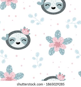 Cute sloth seamless pattern with floral elements and abstract dots around. Nursery hand drawn vector illustration in Scandinavian style.