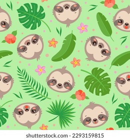 Cute sloth seamless pattern. Kawaii animal face summer repeat design. Cartoon tropical animal pattern. Palm leaves. Exotic flowers. Safari print for children fashion, textile fabric, paper, so on.