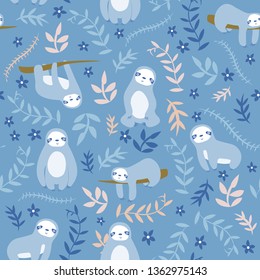 Cute Sloth Seamless Pattern On Blue Background