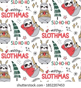 Cute Sloth seamless pattern, winter cozy background. Doodle lazy sloth bear with ugly sweater, cup of coffee. Cute vector holidays design, print, wrapping paper.