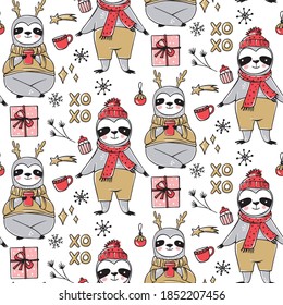 Cute Sloth seamless pattern, winter cozy background. Doodle lazy sloth bear with ugly sweater, cup of coffee. Cute vector holidays design, print, wrapping paper.