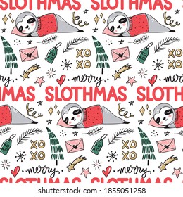 Cute Sloth seamless pattern, winter cozy background. Doodle lazy sloth bear sleeping with ugly sweater, christmas tree. Cute vector holidays design, print, wrapping paper.