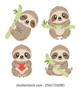 Cute sloth set. Adorable hand drawn sloth illustrations with bamboo and heart. Perfect for scrapbooking, greeting cards, nursery decor, posters, stickers, and kids designs.