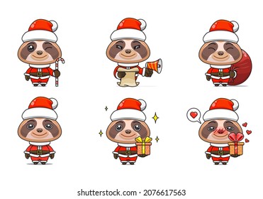 cute sloth set, animal character bundles in santa costumes, animals wearing christmas costumes. cartoon in kawaii style, chibi mascot. very suitable for Christmas content. for adult or child