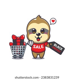 cute sloth with shopping cart and discount coupon black friday sale cartoon vector illustration