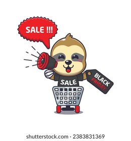 cute sloth in shopping cart is promoting black friday sale with megaphone cartoon vector illustration