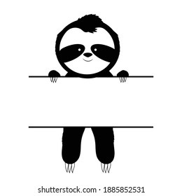 Cute sloth silhouette monogram, rectangle flame, monochrome stock vector illustration isolated on white background. Adorable childish print, character.