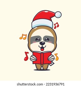 Cute sloth sing a christmas song. Cute christmas cartoon illustration. 