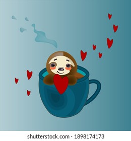 A cute sloth sits in a cup of coffee and gives you hearts. Vector, concept illustration for postcards, internet, flyers. Good-natured character happy Valentine's Day.