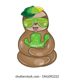 A cute sloth sits in glasses and a cap hugging and licking a cactus. Vector images of a sloth in a cartoon style designed for prints on clothes and for packaging design.