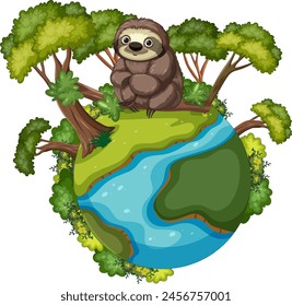 Cute sloth sitting atop a small, lush world