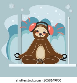 Cute sloth sitting in lotus position and headphones the windowsill  The character listens to music   meditates against the backdrop snow  covered trees  Isolated vector design  Postcard poster