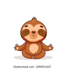 Cute sloth sitting in lotus position. Cute character is meditating. Postcard in children's cartoon style. Vector illustration for designs, prints and patterns. Vector illustration