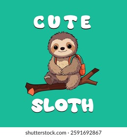 Cute Sloth Sitting On Branch With Backpack Cartoon Vector Illustration