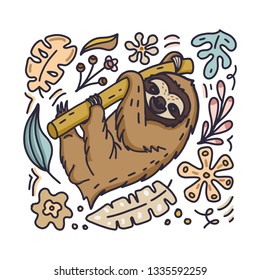 Cute sloth sitting on a tree with floral elements around him. Vector illustration in doodle cartoon linear style.