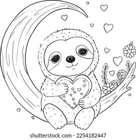 Cute sloth sitting on wood. Valentine's day.  Hand drawn with black and white lines. Coloring for adults and kids. Vector Illustration.