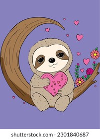 Cute sloth sitting on wood. Valentine's day.  Hand drawn with black and white lines. Coloring for adults and kids. Vector Illustration.