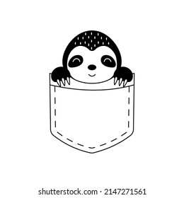 Cute sloth sitting in pocket. Animal face in Scandinavian style for kids t-shirts, wear, nursery decoration, greeting cards, invitations, poster, house interior. Vector stock illustration