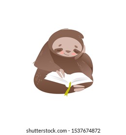 Cute sloth sitting and reading book with interest isolated on white background - lovely and adorable lazy animal studying or resting in flat style. Vector illustration of funny cartoon character.