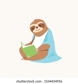 Cute sloth sitting and reading book with interest isolated on white background - lovely and adorable lazy animal studying or resting in flat style. Vector illustration of funny cartoon character.