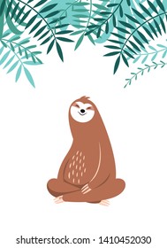 cute sloth sitting and smiles, adorable  animal of rainforest, greeting card design