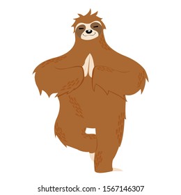 Cute sloth sitting in yoga pose isolated on white background. Meditation little sloth in scandinavian style. Childish cartoon animal vector illustration. 