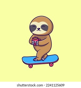 Cute Sloth Skateboarding And Holding Coffee Cartoon Vector Icons Illustration. Flat Cartoon Concept. Suitable for any creative project.

