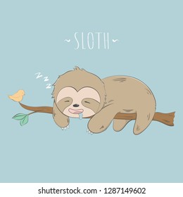 Cute sloth sleep on the tree cartoon hand drawn vecter illustration. Use for Happy birthday invitation card, T-shirt print, baby shower.