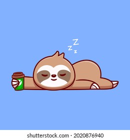 Cute Sloth Sleeping With Coffee Cup Cartoon Vector Icon Illustration. Animal Drink Icon Concept Isolated Premium Vector. Flat Cartoon Style