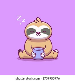 Cute Sloth Sleeping With Coffee Vector Icon Illustration. Animal Icon Concept Isolated Premium Vector. Flat Cartoon Style 