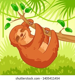 Cute sloth sleeping and hanging on a branch in jungle. Cartoon animal vector illustration. Hand drawn vector illustration. Can be used for sticker, phone case, print, poster, t-shirt, holiday or party