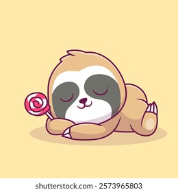 Cute Sloth Sleeping With Lollipop Cartoon Vector Icon 
Illustration. Animal Food Icon Concept Isolated Premium 
Vector. Flat Cartoon Style