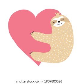 Cute Sloth Sleeping on a Big Red Heart. Funny Hand Drawn Nursery Vector Illustration ideal for Kids Room Decoration, Valentine's Day Card. Red Hear Isolated on A White Background.