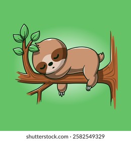 Cute Sloth Sleeping on Branch Cartoon Vector Icon Illustration Animal Nature Icon Isolated Flat Vector