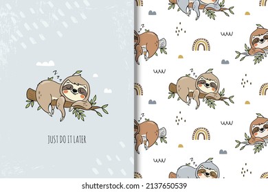 Cute sloth sleeping on the brunch cartoon card and seamless pattern