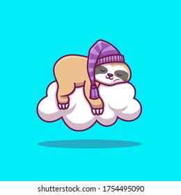 Cute Sloth Sleeping On Cloud Vector Icon Illustration. Animal Icon Concept Isolated Premium Vector. Flat Cartoon Style 