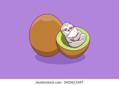 Cute Sloth Sleeping on Kiwi Cartoon Illustration