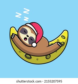 Cute Sloth Sleeping On Moon And Wearing Sleeping Cap Cartoon Vector Icon Illustration. Animal Science Icon Concept Isolated Premium Vector.