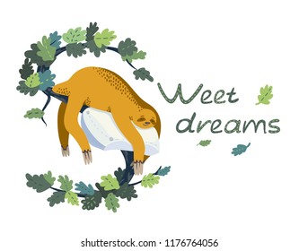 Cute sloth sleeping on pillow on branch leaves, on letter S. Vector illustration on isolated white background with text wishes sweet dreams.