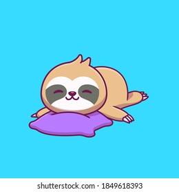 Cute Sloth Sleeping On Pillow Cartoon Vector Icon Illustration. Animal Sleep Icon Concept Isolated Premium Vector. Flat Cartoon Style