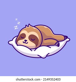 Cute Sloth Sleeping On Pillow Cartoon Vector Icon Illustration. Animal Nature Icon Concept Isolated Premium Vector. Flat Cartoon Style