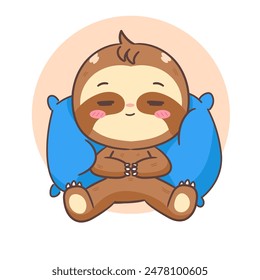 Cute Sloth Sleeping on Pillow Cartoon Character. Adorable and Kawaii Animal Concept Design. Icon Mascot Vector Illustration