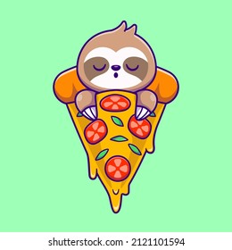 Cute Sloth Sleeping On Pizza Cartoon Vector Icon Illustration. Animal Food Icon Concept Isolated Premium Vector. Flat Cartoon Style