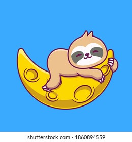 Cute Sloth Sleeping On Sickle Moon. Cartoon Vector Icon Illustration. Animal Nature Icon Concept, Isolated Premium Vector. Flat Cartoon Style